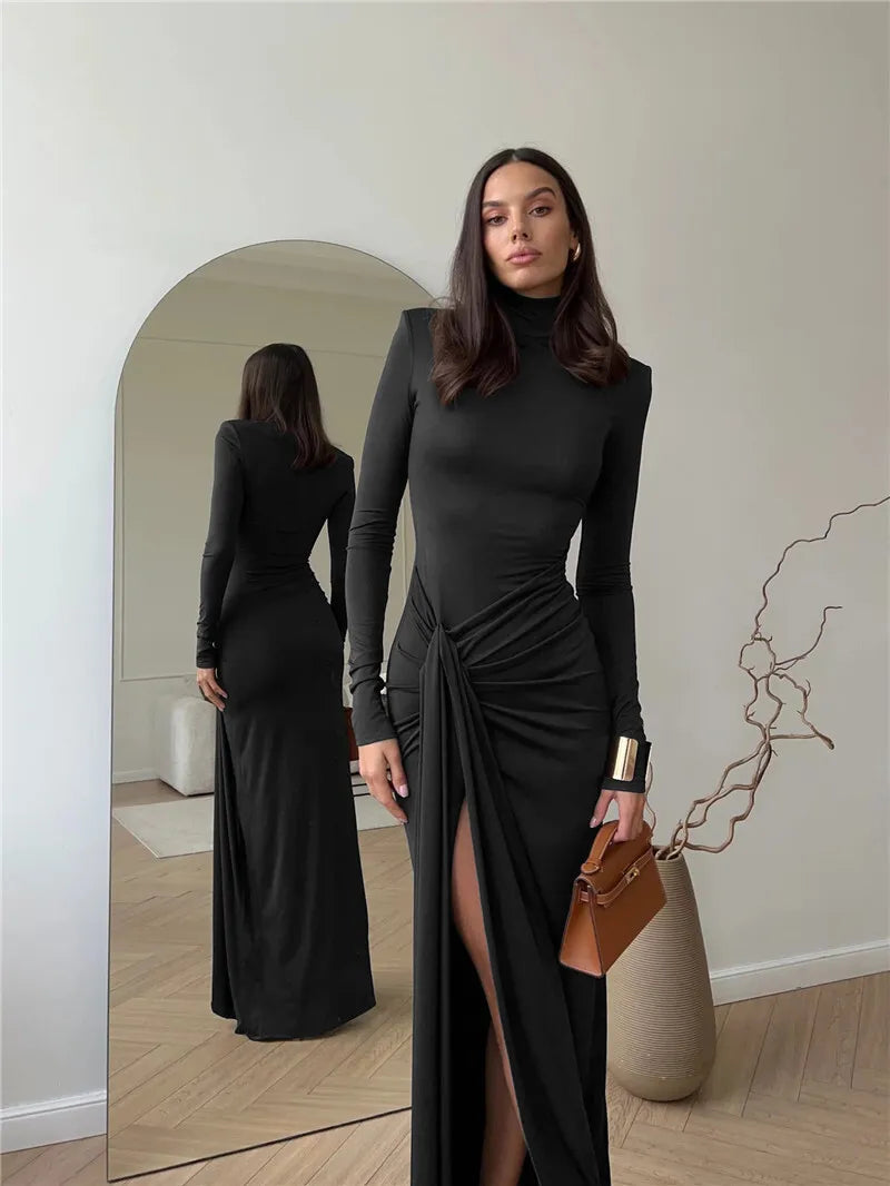 Mozision Rollkragen Oberschenkelhohes Schlitz Sexy Maxikleid für Damen Mode Langarm Drapierte Bandage Bodycon Club Langes Kleid
