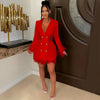 FANAN Elegant Women Double Breasted Tassel Hem and Long Sleeve Notched Collar Lace Waist Patchwork Blazer Dress Vestidos 2022