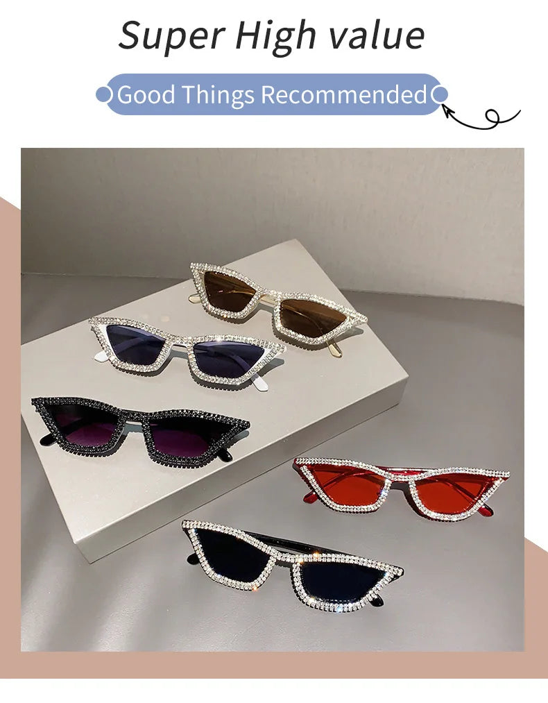 Fashion CAT EYE Rhinestone Bling Sunglasses Women Vintage Brand Luxury Small Frame Ladies Gradient Sun Glasses Oculos UV400