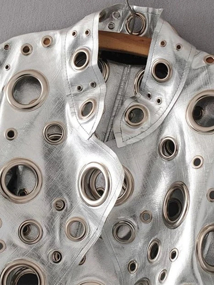 Lautaro Runway Cut Out Short Faux Leather Jacket Golden Rivet Cool Stylish Designer Clothes Women European American Fashion 2022