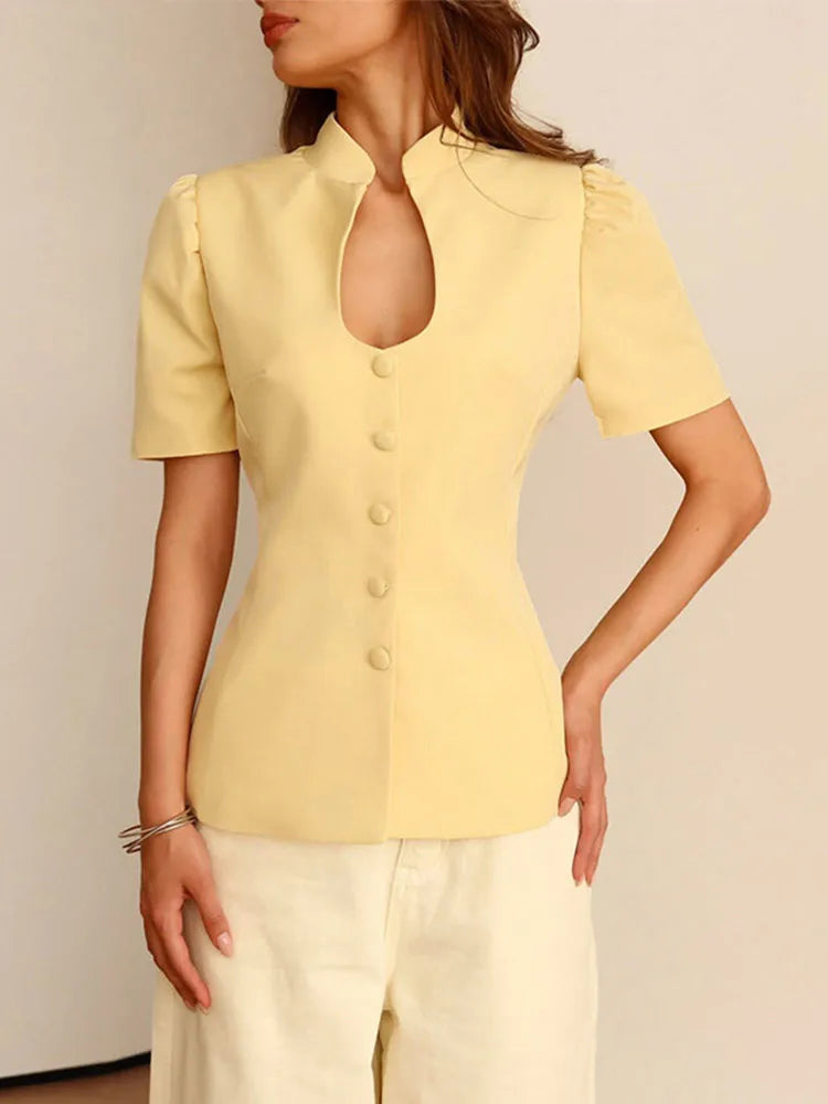 Fashion Women's Stand Collar Blazer Short Sleeve Button Puff Sleeves Solid Lady Top 2025 Summer Autumn Elegant Female Coat