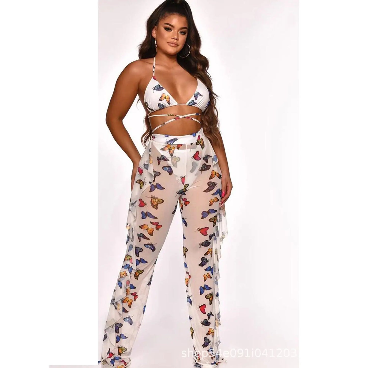 Bra+tassel Pants Suit  2 Piece Set Women Hot Pink Swimsuit Mesh Bathing Suit Sexy Matching Swimwear Viquinis Mujer 2022