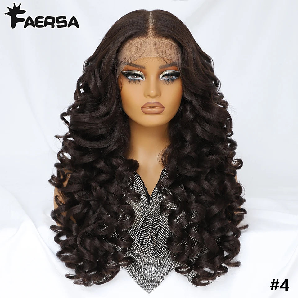 Latisha 13X6 HD Synthetische Spitzenfrontperücke lockig vorgezupfte Lace-Frontal-Perücke mit Pony für Damen, Highlights mit Babyhaar, 24 Zoll