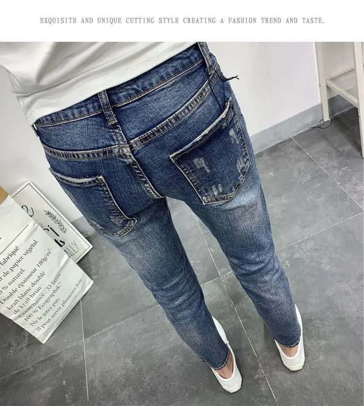 Men's Korean Style Classic Jeans 2023 New Blue Ripped Jeans for Men Fashion Trendy Summer Skinny Ripped Hole Cargo Trousers