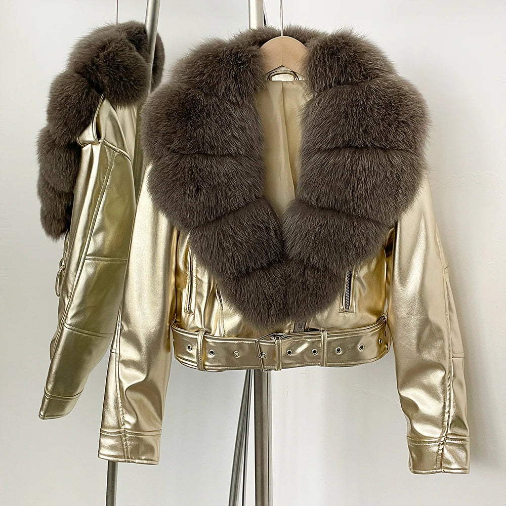 OFTBUY Natural Fox Fur Faux Leather Jacket Female New Autumn Short Top Clothing Women Long Sleeve Fake Leather Real Fur Coat