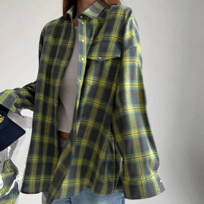 Damen Bluse Retro Stil Revers Locker Hemd Herbst 2024 Kariertes Langarm-Taschenhemd Für Damen Hemden Top  Рубашки Женские