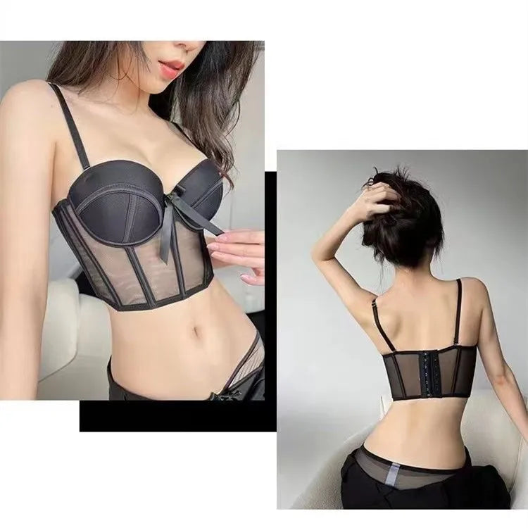 French Ladies Transparent Mesh Corset Sexy Shaper Thin Bra Set Night Club Sweet Cropped Top Girls Hot Bra and Panties Bralette
