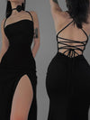 AltGoth Fairycore Sexy Midi Kleid Damen Streetwear Mall Gothic Rückenfrei Schnürung Neckholder High Waist Bodycon Kleid Partywear weiblich