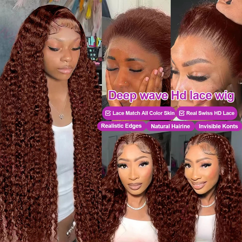 300 Density Chocolate Brown Deep Wave Lace Front Human Hair Wig 40Inch Color Hd Lace Frontal Wig For Women 13x6 Water Curly Wigs