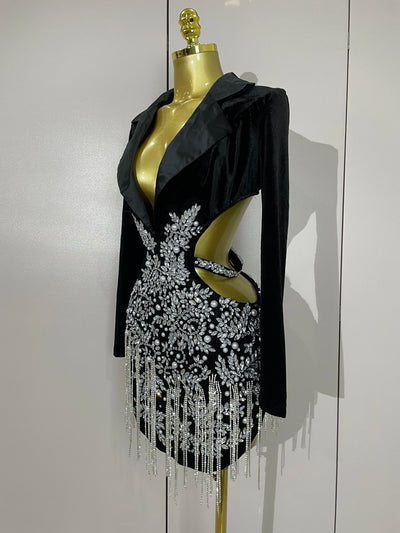 Stock Luxury Diamonds Tassel Sexy Hollow Out Black Mini Dress Woman Evening Celebrate Birthday Party Stage PhotoShoot Costume