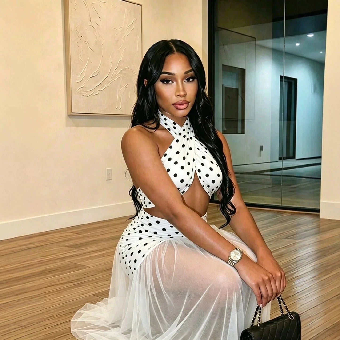Sexy Polka Dot See through Beach Dress with Neck Hanging Long Polyester Blend Fabric Swimwear Cover up Irregular Hemline