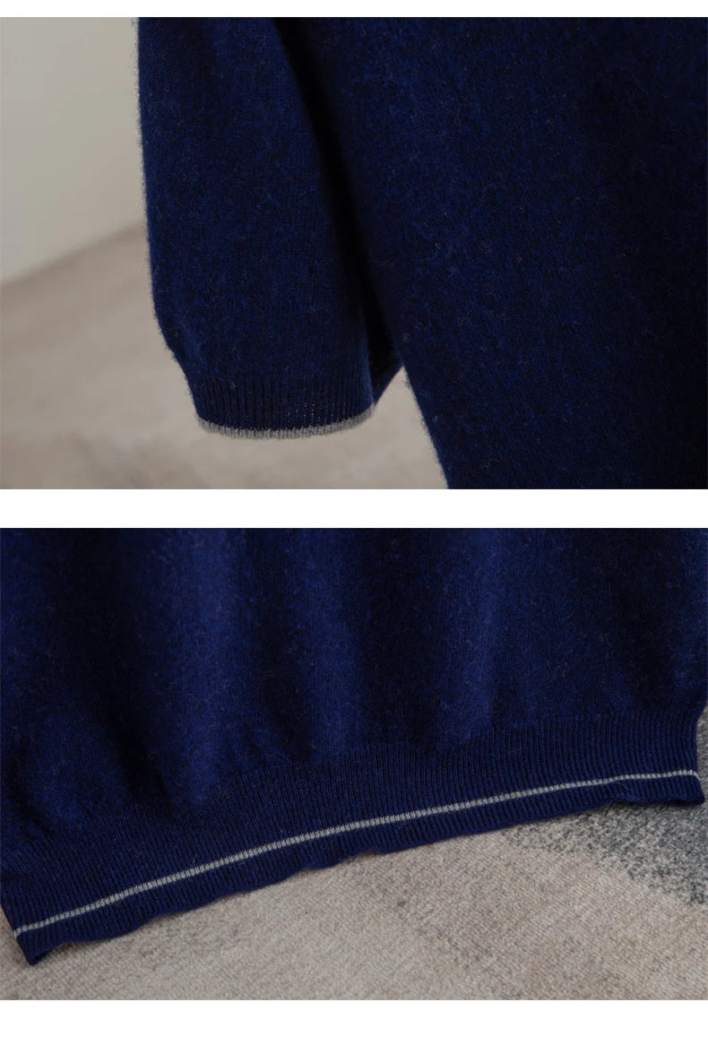 Men's T-shirt 2024 Summer New Knitted Tank Top Fashion Color Block Round Neck Pullover Sweater 100% Pure Wool Short sleeved