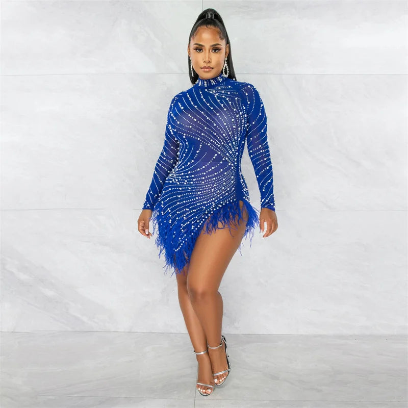 Sexy Perlen Strass Partykleider Damen Eleganz Nachtclub Feder Geburtstagskleid Langarm Mesh Sheer Bodycon Minikleid