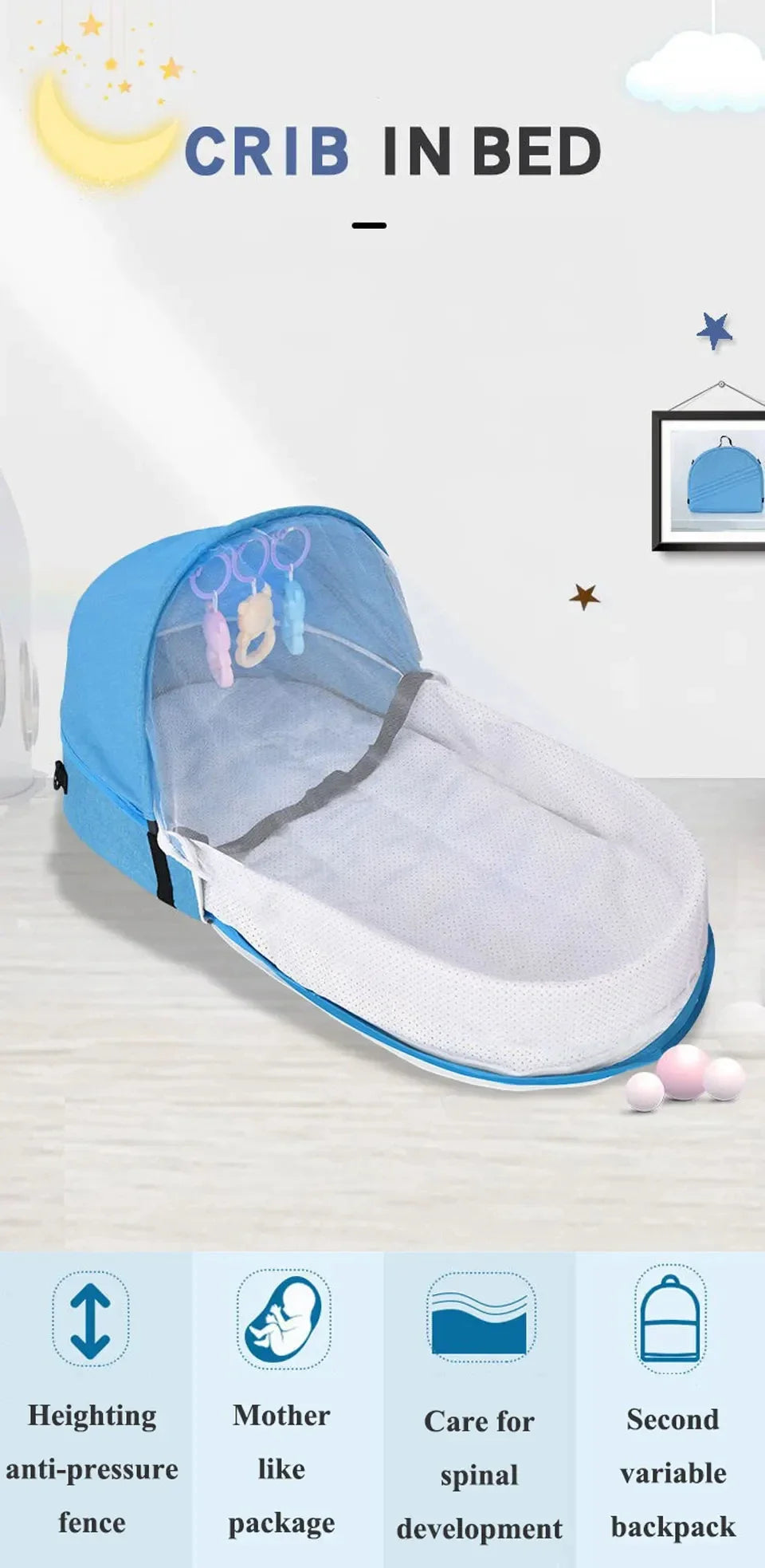 Babybett, faltbar, tragbar, mit Netz und Verdeck, Babynest, tragbares Babybett zum Campen, Säuglingswiege