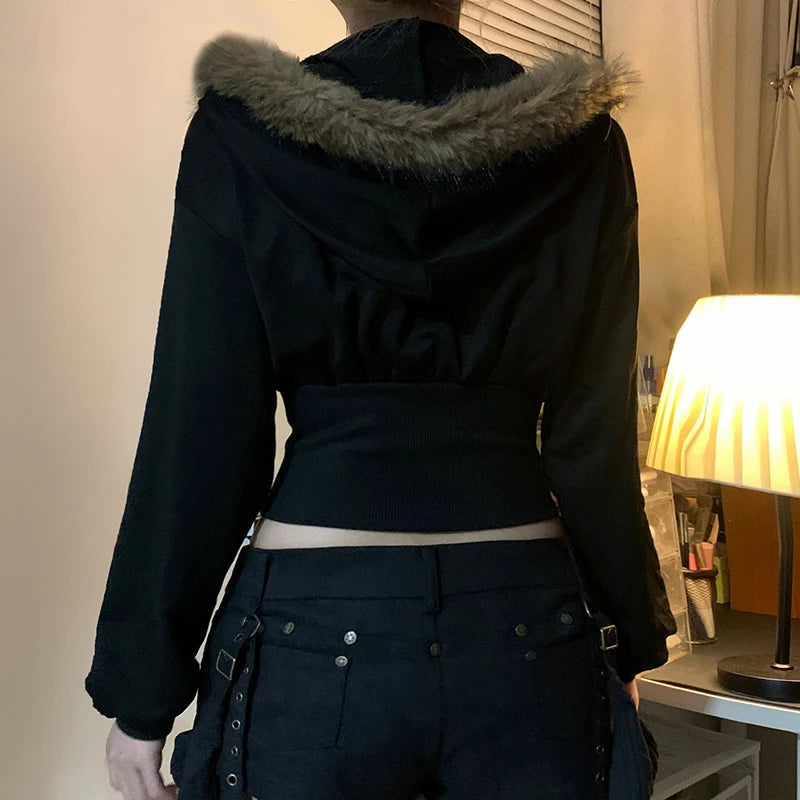 BIIKPIIK Pelzkragen Kapuzenmäntel für Damen Lässiger Reißverschluss Slim Hoodies Einfache All-match Schwarz Harajuku Mantel Herbst Winter Sweatshirts