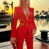 Modphy Red Sexy V-neck Long Sleeve Jacket+High Waist Flare Pants Blazer Set Women'S 2025 New Hollow Out Designer Two-Piece Set