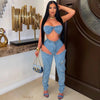 Jeans-Sets für Damen 2024 Sexy Streetwear Zweiteilige Outfits Brustwickel Ärmelloses, rückenfreies Top Ausgeschnittene Jeans