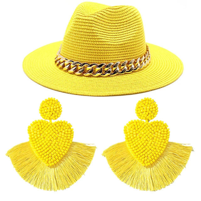 Set Straw Hat and Bag Set Gold Chain Bag Hat Set Ladies Leather Bag Tote Church Fedora Party Jazz Straw Hat
