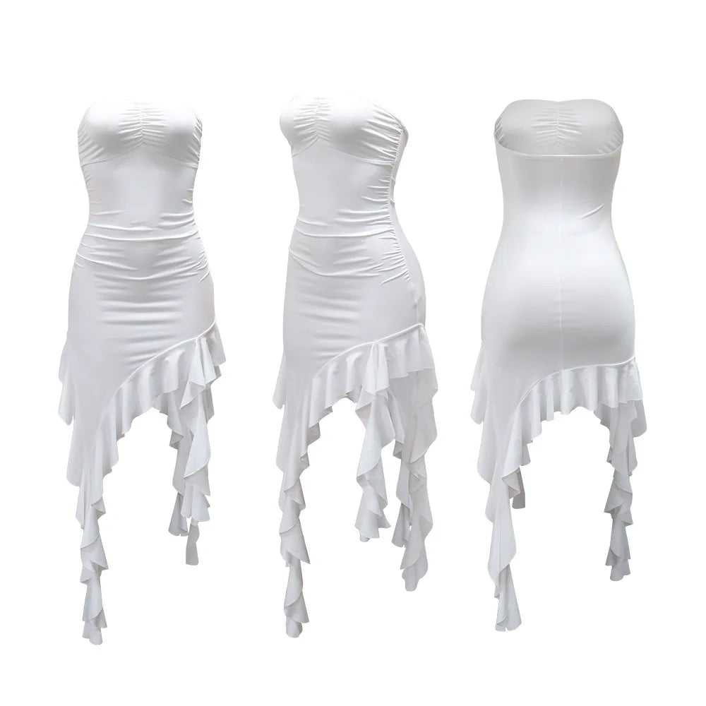 CM.YAYA Women Strapless Sleeveless Ruched Stacked Mini Dress 2025 Summer Beach Vacation Party Birthday Street Sexy Dresses