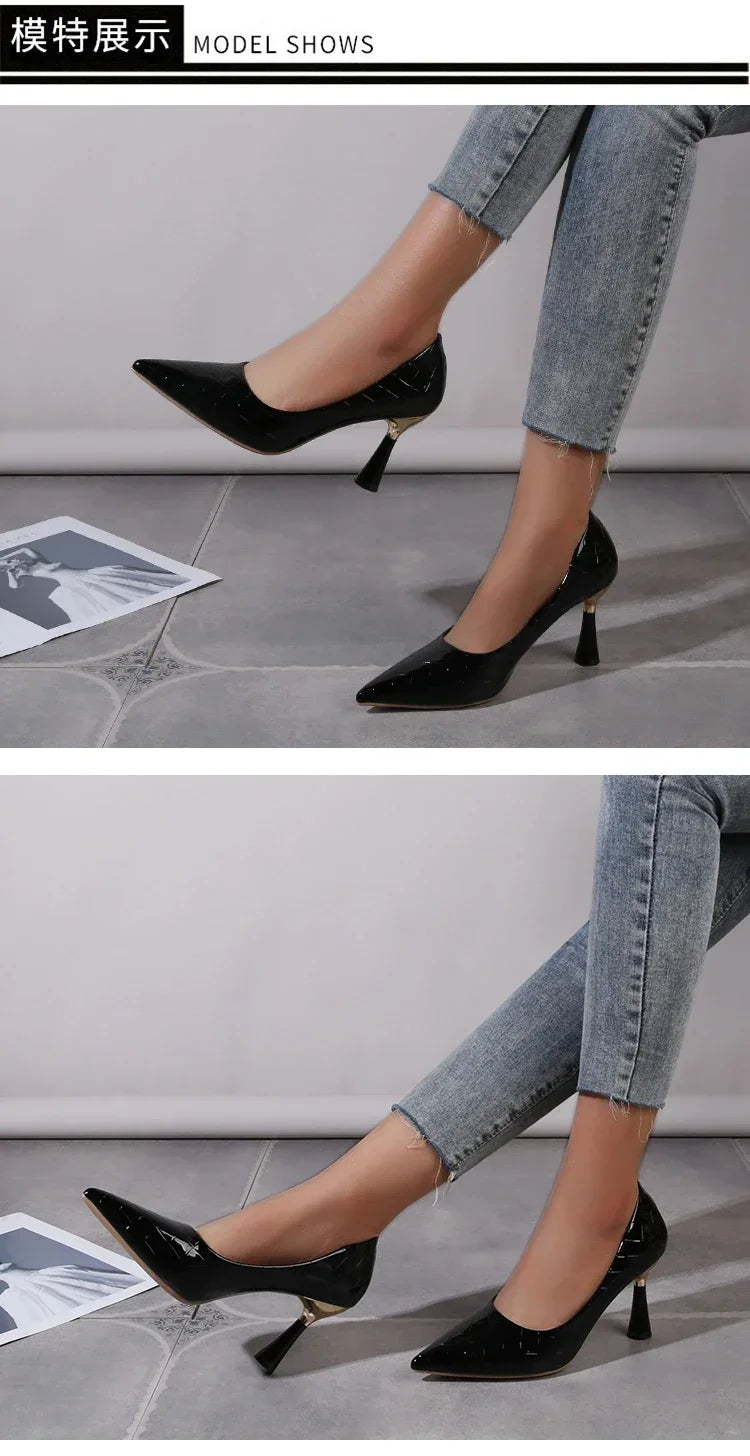 Schuhe Damen 2024 Trend Neue Sommer Rote Absätze Elegante Damen Schwarze Pumps mit Absatz Spitz zulaufende Pumps Kleid Leder Weiße Damenschuhe