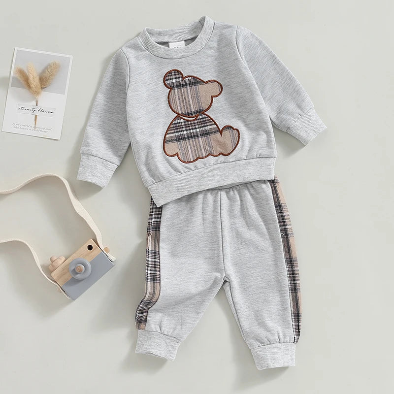 0-24M Baby Girls Autumn Clothes Newborn Toddler Long Sleeve Plaid Bear Pattern Tops Sweatshirt Pants Outfits Tracksuits