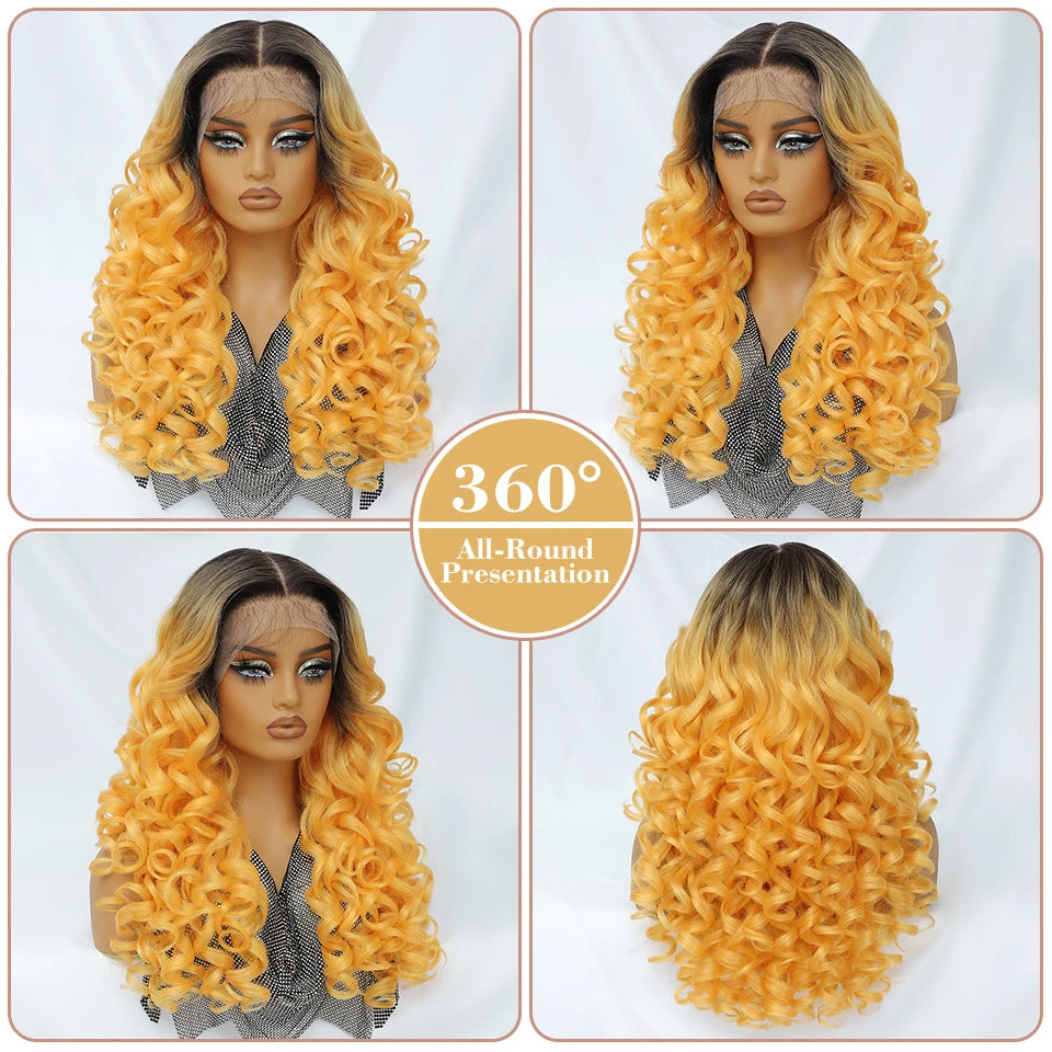 Latisha 13X6 HD Synthetische Spitzenfrontperücke lockig vorgezupfte Lace-Frontal-Perücke mit Pony für Damen, Highlights mit Babyhaar, 24 Zoll
