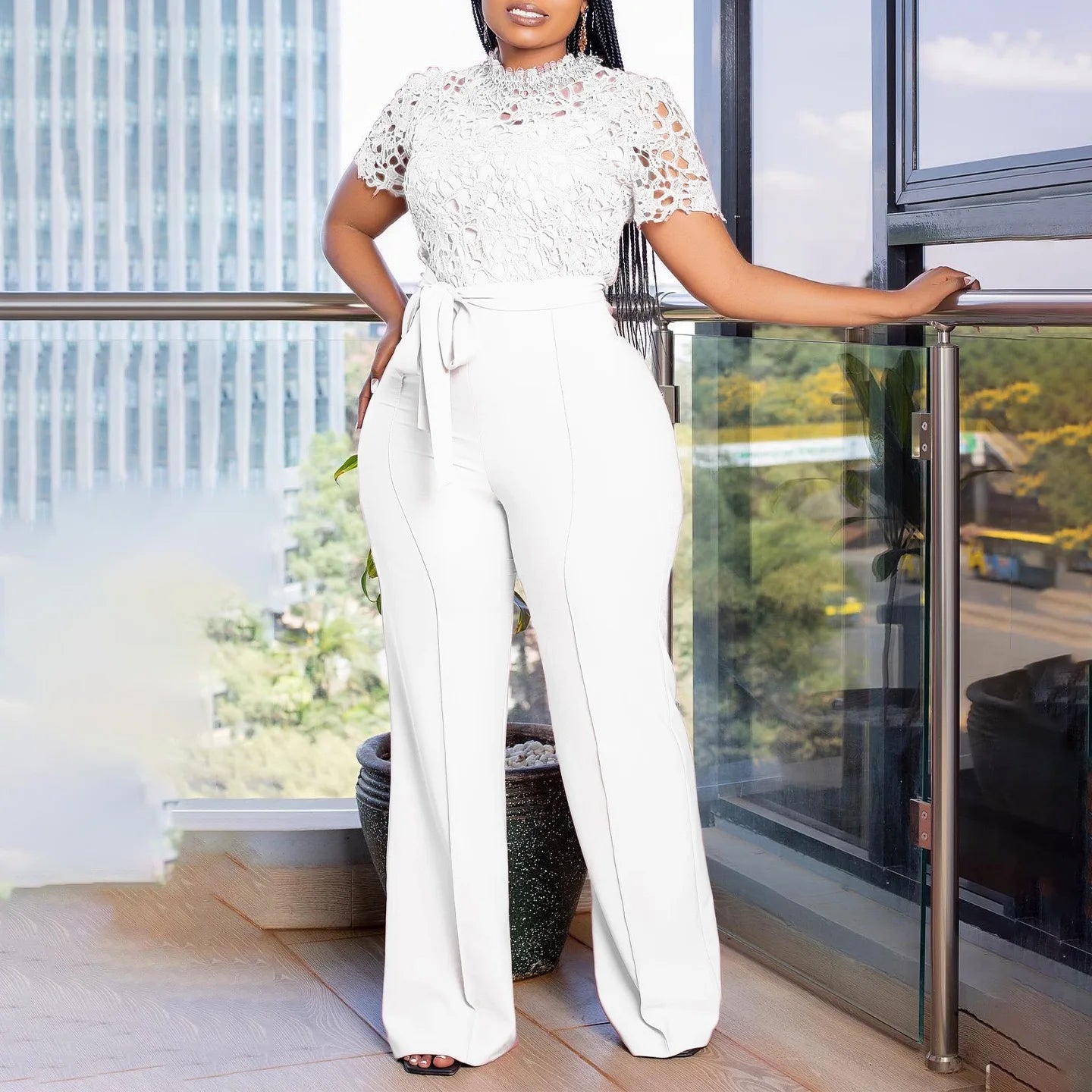 Elegante Jumpsuits & Rompers für Damen Rundhals Spitze Patchwork Kurzarm Gürtel Hohe Taille Luxus Geburtstagsparty Abend Outfit