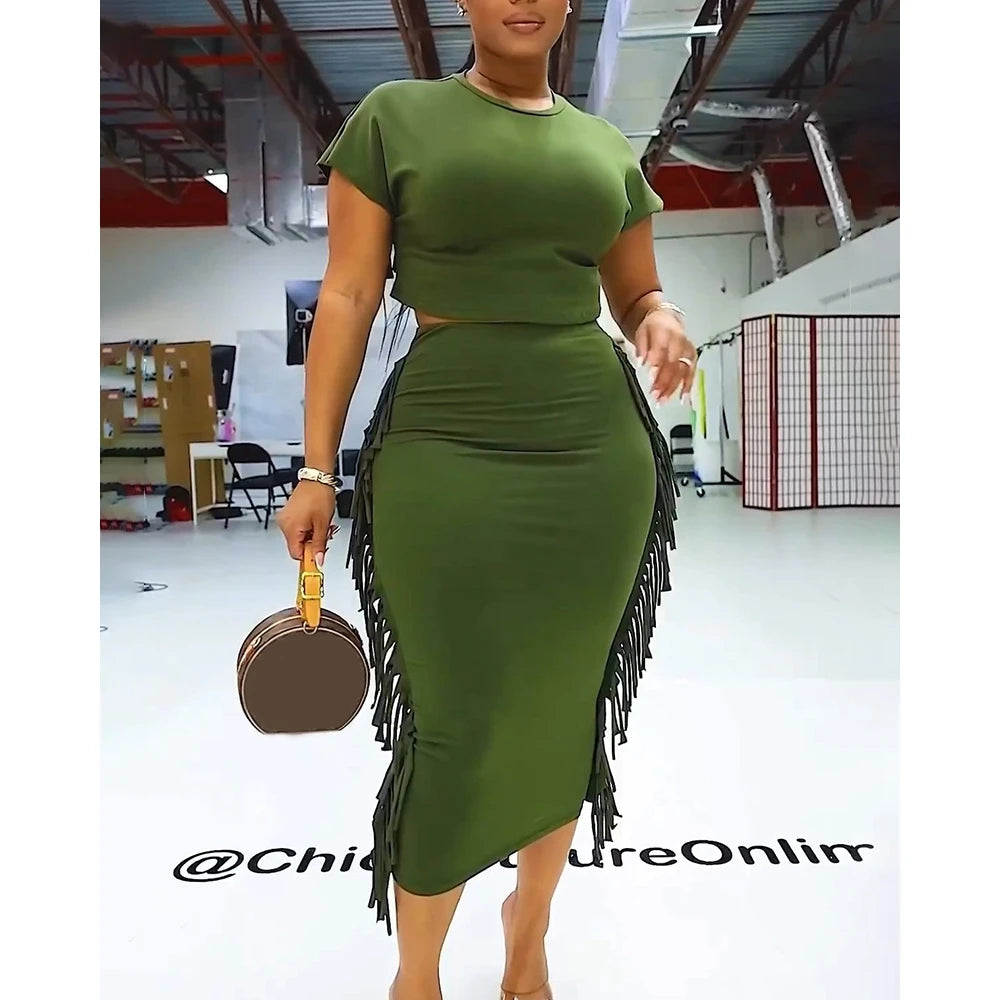 Women's Letter Print Crop Top and High Waist Long Skirt Set, Summer Workwear, Casual Tassel, Female Party Dress Sets, New, 2Pcs