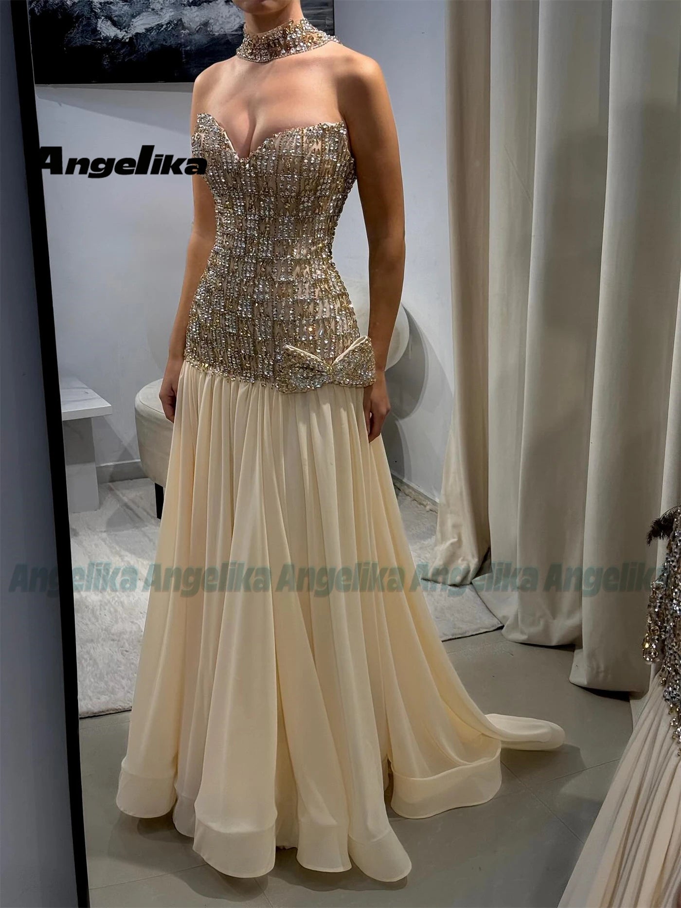Angelika Exquisite A-line Evening Dresses for Women Rhinestones Pleated Bow Graduation Party Gowns Vestido de Gala Customized