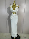 Women Sexy White Flowers V-Neck Tops Bodycon Long Dress Two Pieces Set Eveing Party Prom Gown Nightclub Celebrate Birthday Dress