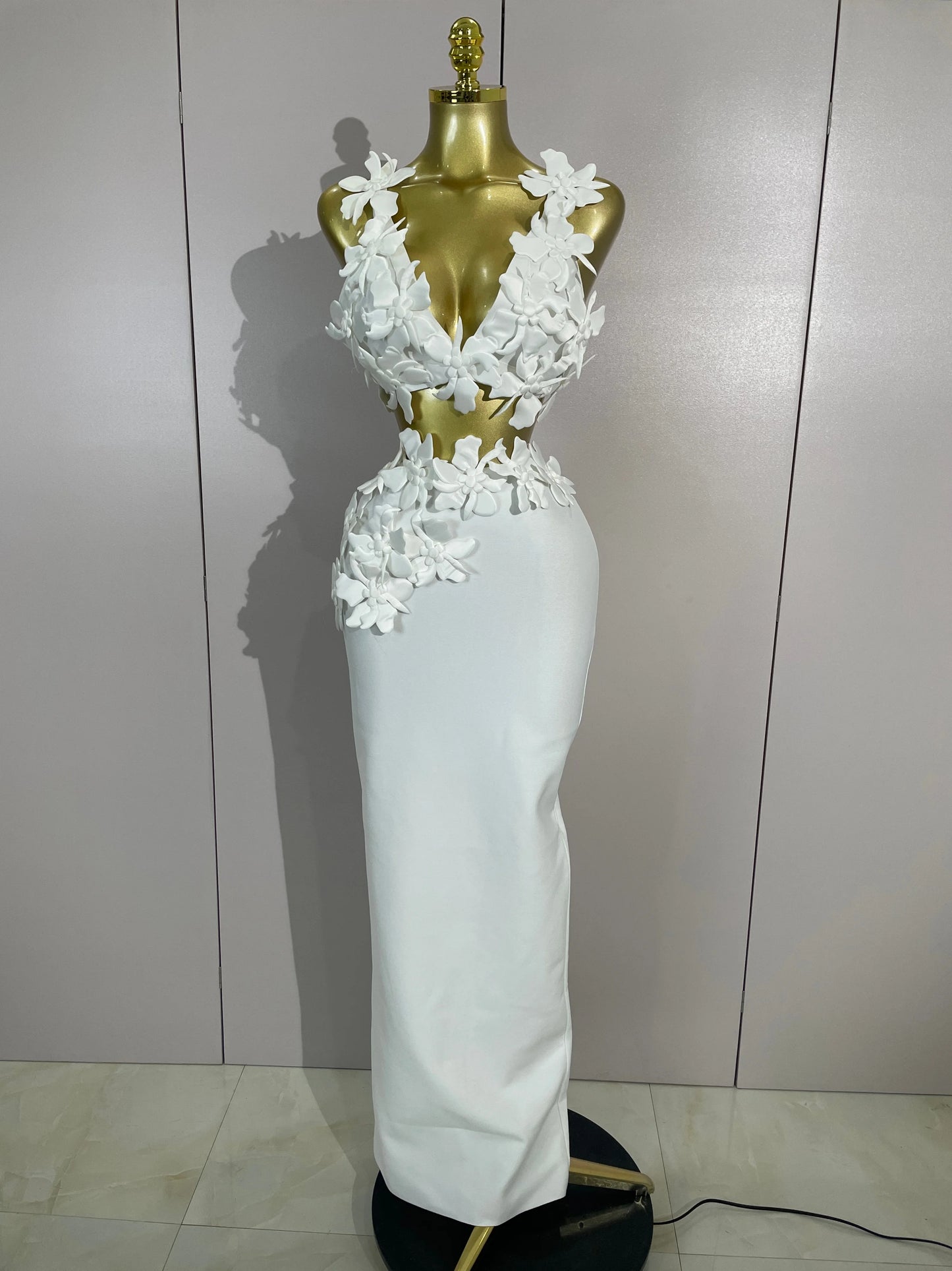 Women Sexy White Flowers V-Neck Tops Bodycon Long Dress Two Pieces Set Eveing Party Prom Gown Nightclub Celebrate Birthday Dress