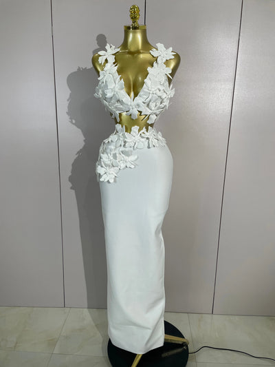 Women Sexy White Flowers V-Neck Tops Bodycon Long Dress Two Pieces Set Eveing Party Prom Gown Nightclub Celebrate Birthday Dress