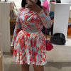 Women Two Piece Sets Shorts Skirt Set Full Sleeve Print Top Short Skirts A Line Pleated High Waist Y2k Streetwear Elegant Autumn