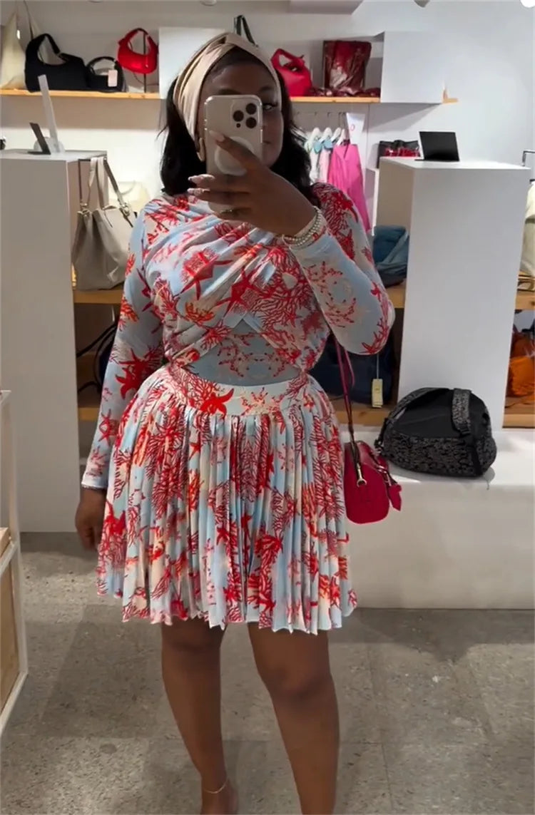 Women Two Piece Sets Shorts Skirt Set Full Sleeve Print Top Short Skirts A Line Pleated High Waist Y2k Streetwear Elegant Autumn