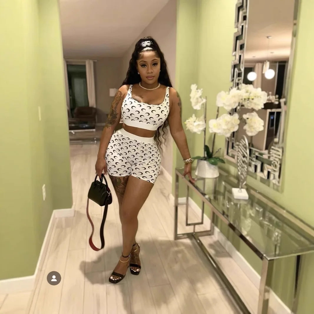 Three Sisters 2025 Summer Fashion Sexy Casual Holiday Beach Party Prom Woman Clothes Slimming Vest Print Ladies Two Piece Sets