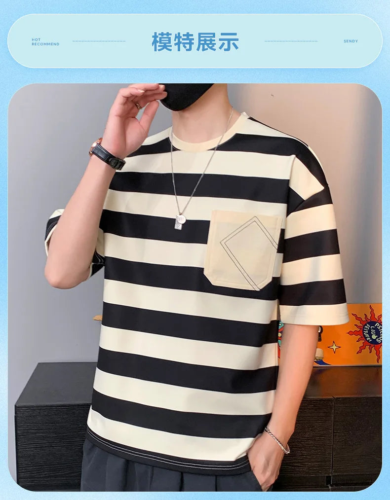 Casual Short Sleeve T Shirt Men'S For 2025 Summer Tshirt Top Tees Striped Brand Fashion HIP HOP Clothes OverSize 3XL T-Shirt