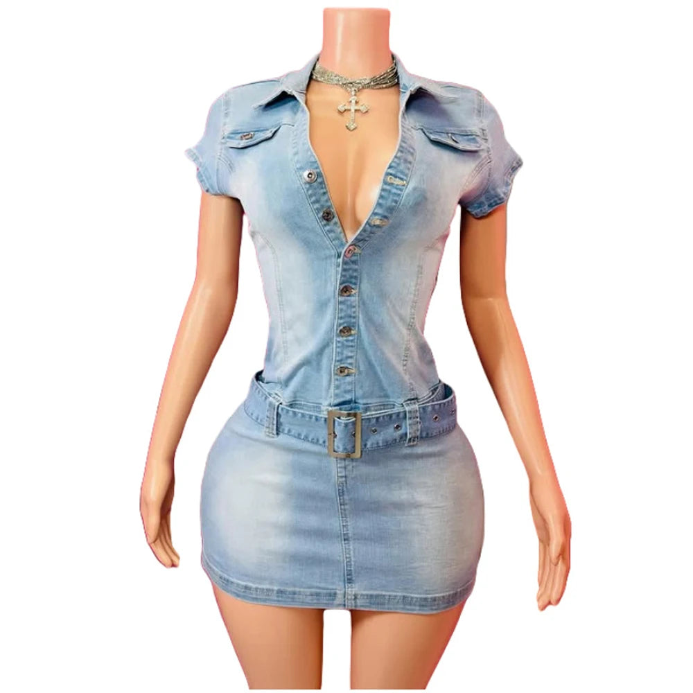 2025 Neues Jeanskleid Kurzarm Damen Schick Sexy Sommer Elegant Schmal Stretch Acid Wash Vintage Gürtel Jeans Bodycon Kleider