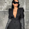 Sexy V Neck Long Sleeve Blazer With Rhinestone Sleeve Women Black Diamond Patchwork Slim Jacket Evening Party Club Cocktail Coat