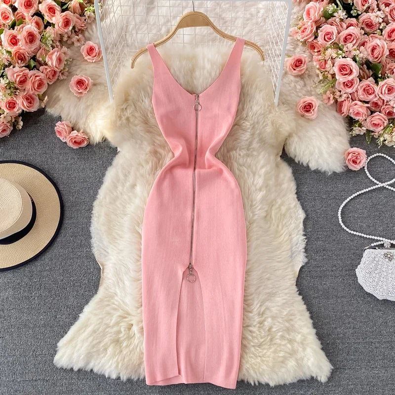 Zipple  2023 Sexy Summer Knit Strap Dress Women Tank Elatic Waist Bodycon Sundress Female Beach Split Backless Midi Dress