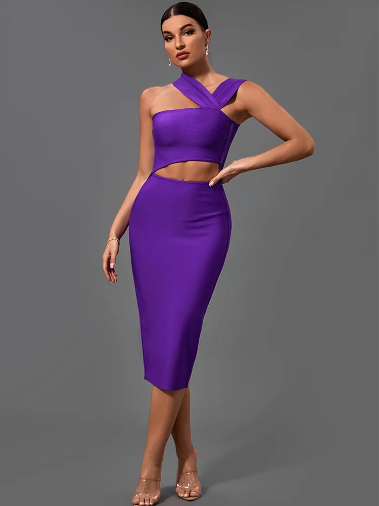 Bandage-Kleider für Damen 2022 Lila Bodycon-Kleid Abendparty Elegant Sexy Cut Out Midi Geburtstag Club Outfit Sommer Neu