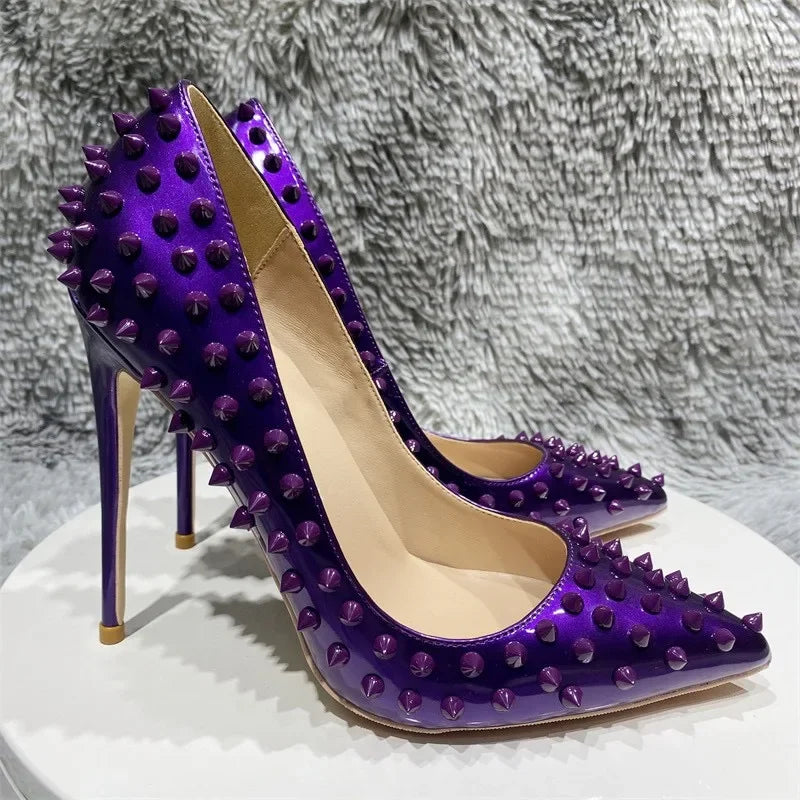 Pink studded high heels, fashionable, ultra shallow mouth, pointed toe, thin heel, hate sky, high punk style, 12CM