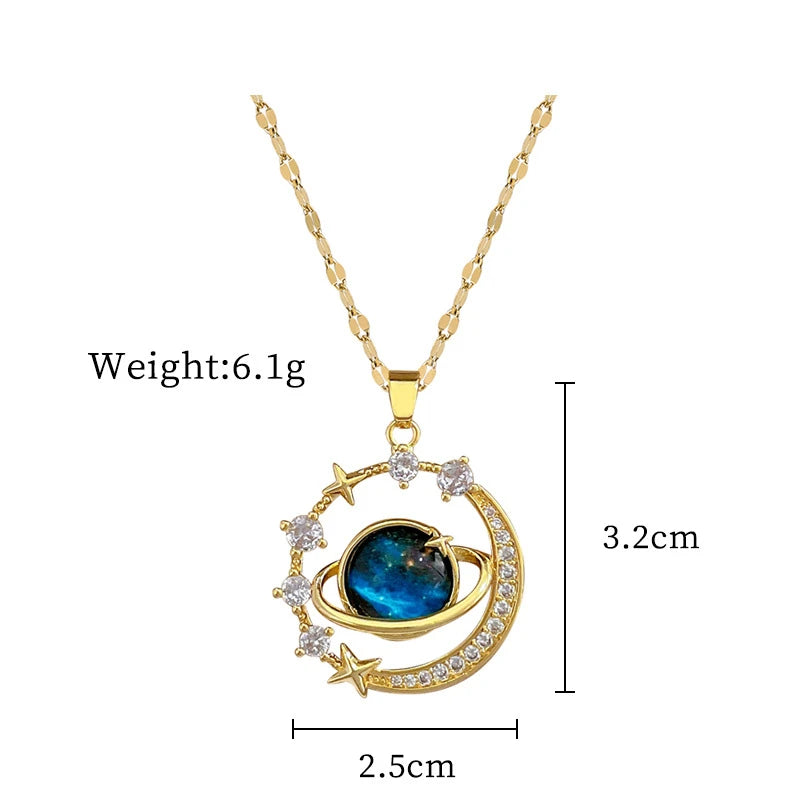 Stainless Steel Zircon Planet Star Pendant Necklace For Women Elegant Aesthetic Clavicle Chain Necklace Jewelry Party Gift