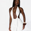 Solid color neck tie, knot, exposed back, tight fitting jumpsuit, cropped pants