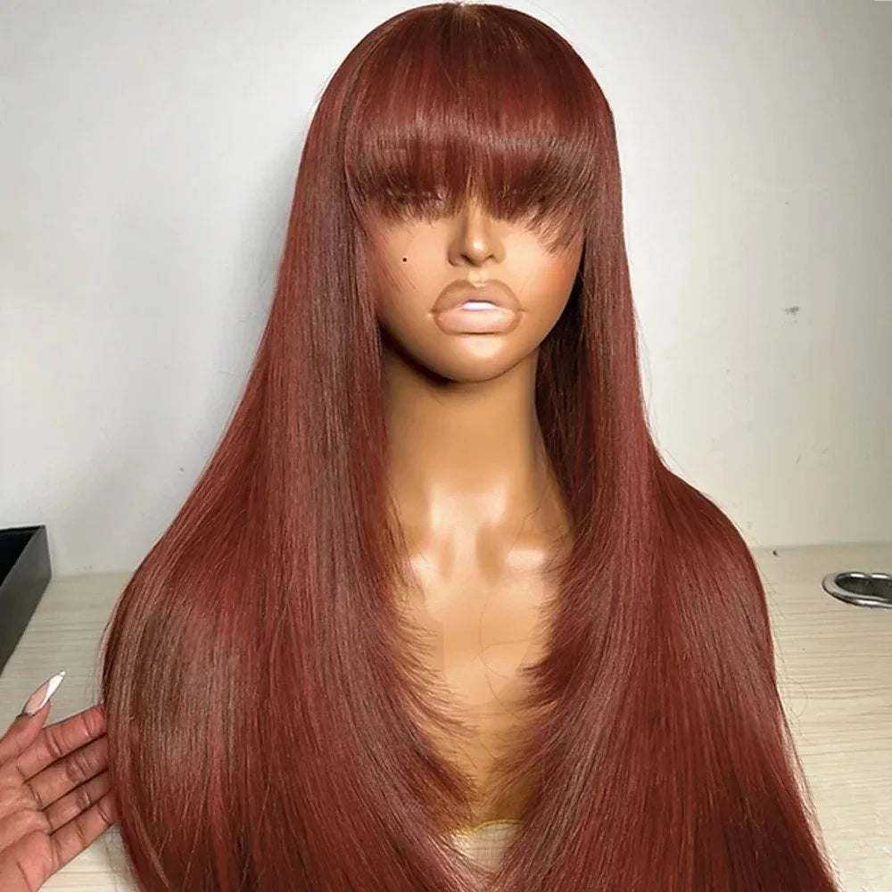 Light Brown Short Bob Layered Lace Front Wig With Bangs Straight Lace Frontal Wig 13x4 Glueless Synthetic Heat Resistant Cosplay