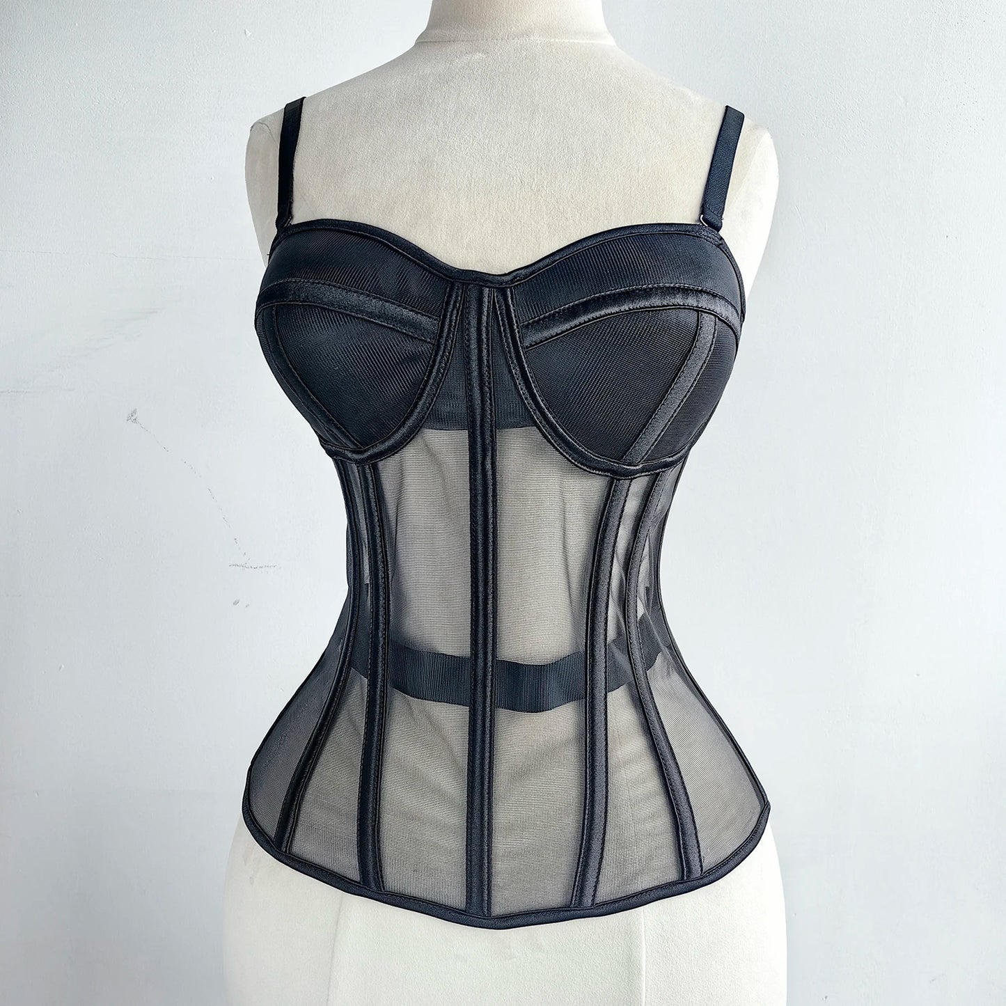 Women Luxury Mesh Corset Bustier Transparent Bodices With Cups Waist Slimmer Lace Up Steel Bone Tight Fitting Tube Tops Costume