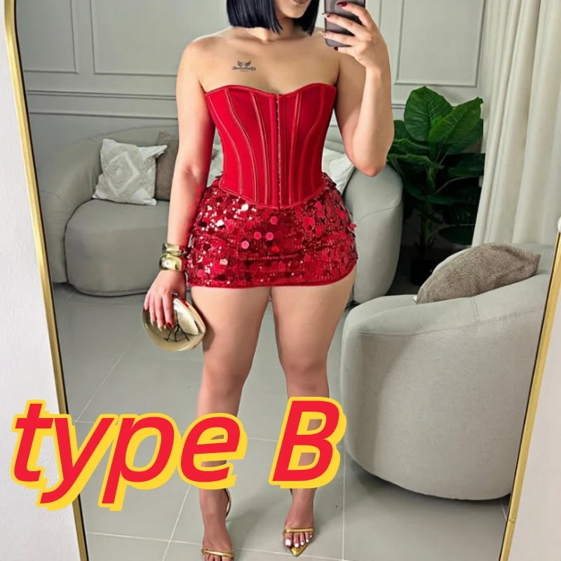 HLJ&GG Sexy Off Shoulder Corset Vest Two Piece Sets Women Sleeveless Backless Bandage Irregular Top + Sequin Mini Skirts Outfits