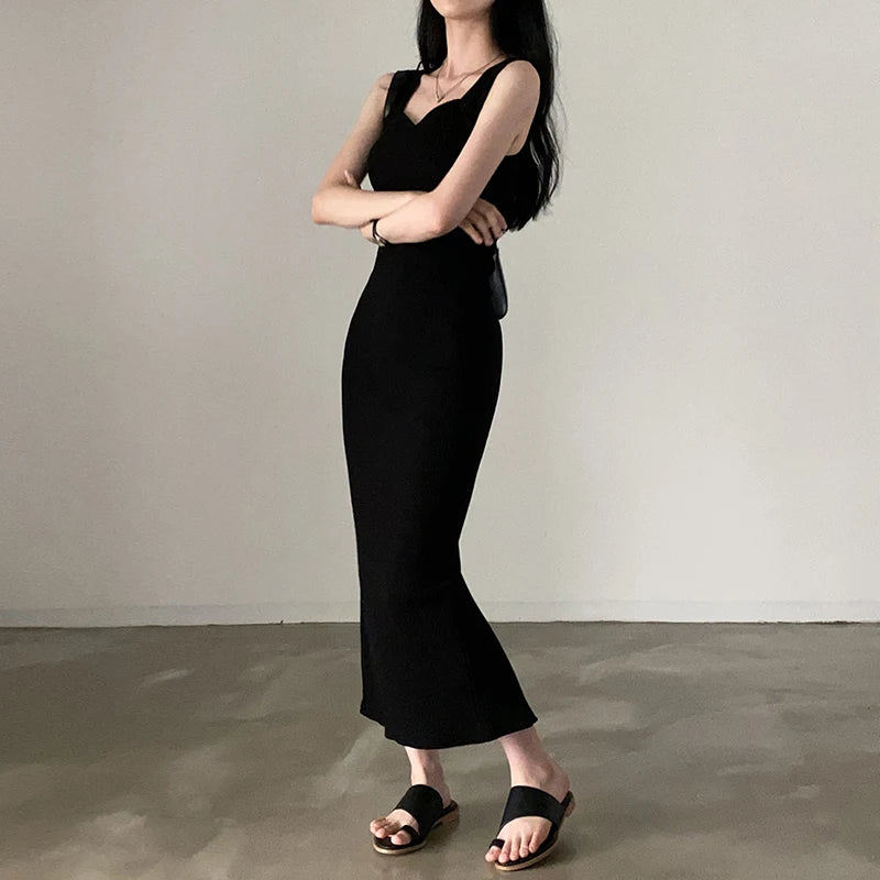 CIBBAR Basic Strick-Maxikleid Koreanische Mode Quadratischer Kragen Ärmellos Damenkleider Sommer Lässig Y2k Vintage All-Match Outfits