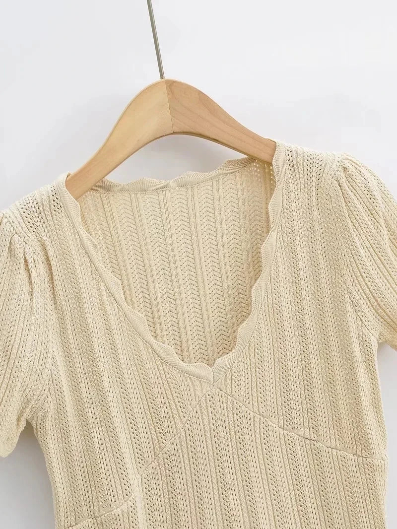 Damen V-Ausschnitt gestricktes Häkel-T-Shirt mit