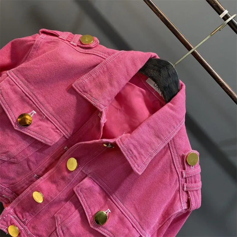 Girls' Rose Red Denim Jacket Spring and Autumn New Collection Solid Color Collar Metal Buckle Children's Fashion Short Coat