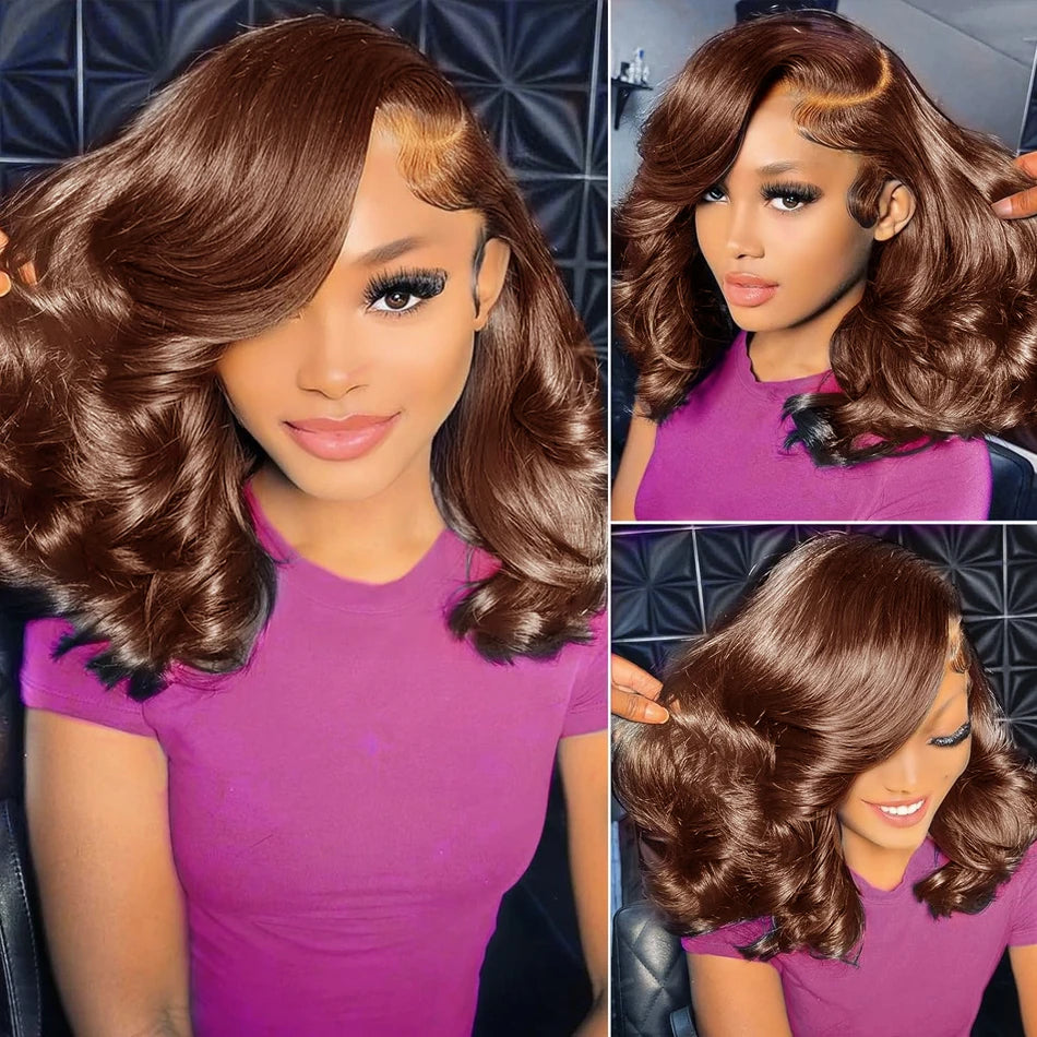 Loose Wave Chocolate Brown Short Bob Wigs 250% Density 13x4 HD Lace Front Wig 100% Human Hair Body Wave Bob Wigs For Women